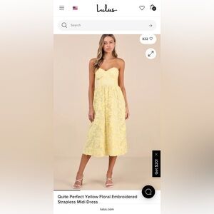NEW Lulu's Quite Perfect Yellow Floral Embroidered Strapless Midi Dress